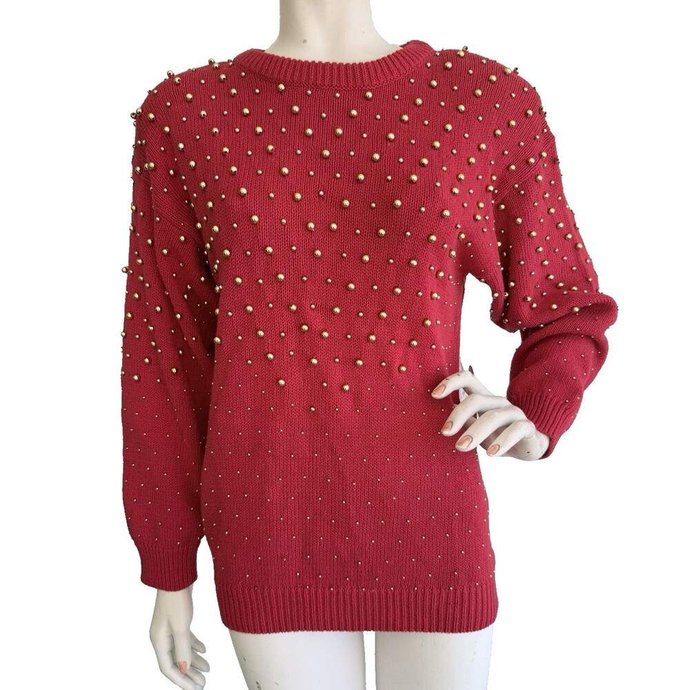 Vintage NWT VICTORIA HARBOUR Sweater Red with Gold Balls Embellished Size PM